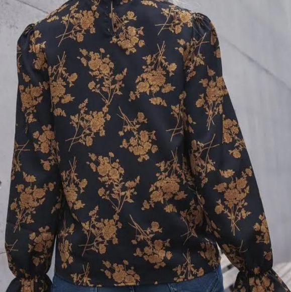 Bellanblue Tops Bohemian Yellow Floral Print Ruffle Classic Top Black Blouse - Picture 3 of 3
